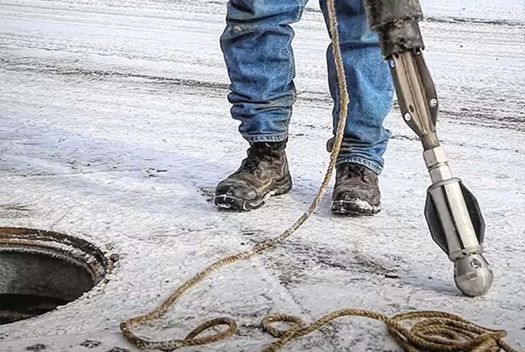 Man standing next to a man hole with warthog sewer nozzle.